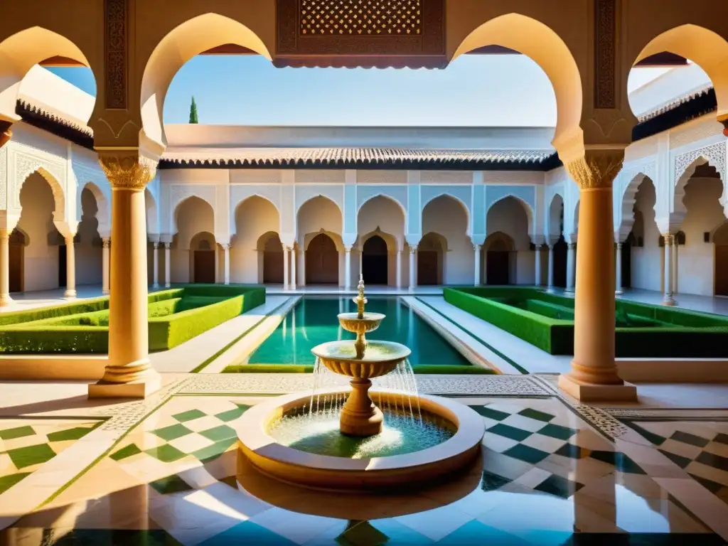 Un patio sereno en un palacio islámico antiguo, con detalles geométricos, fuentes de mármol y exuberantes jardines