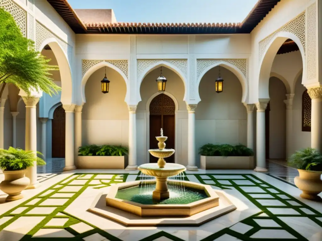 Un patio sereno con patrones geométricos en el suelo de mármol y exuberante vegetación, con una fuente tranquila en el centro