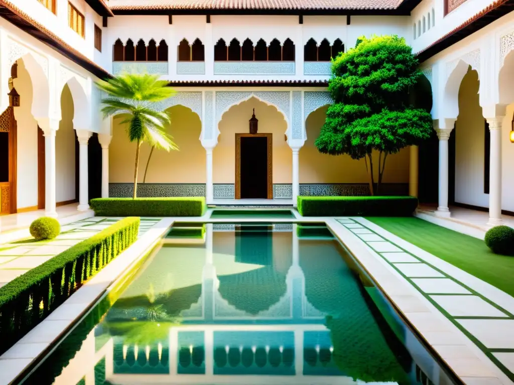 Un patio sereno con piscina reflectante central, rodeado de exuberante vegetación y arquitectura islámica