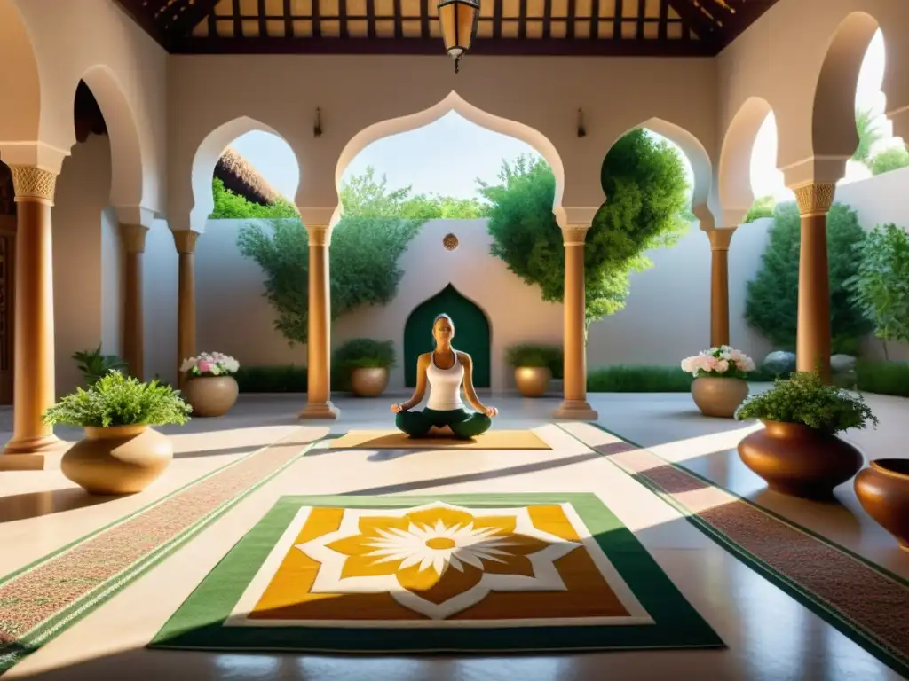 Centro de curación islámica: serenidad y holismo en un patio soleado Un patio sereno y soleado en un centro de sanación islámica, con geometría y vegetación exuberante