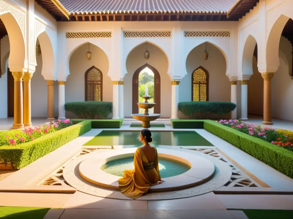 Un patio sereno y soleado con patrones geométricos intrincados en las paredes y el suelo