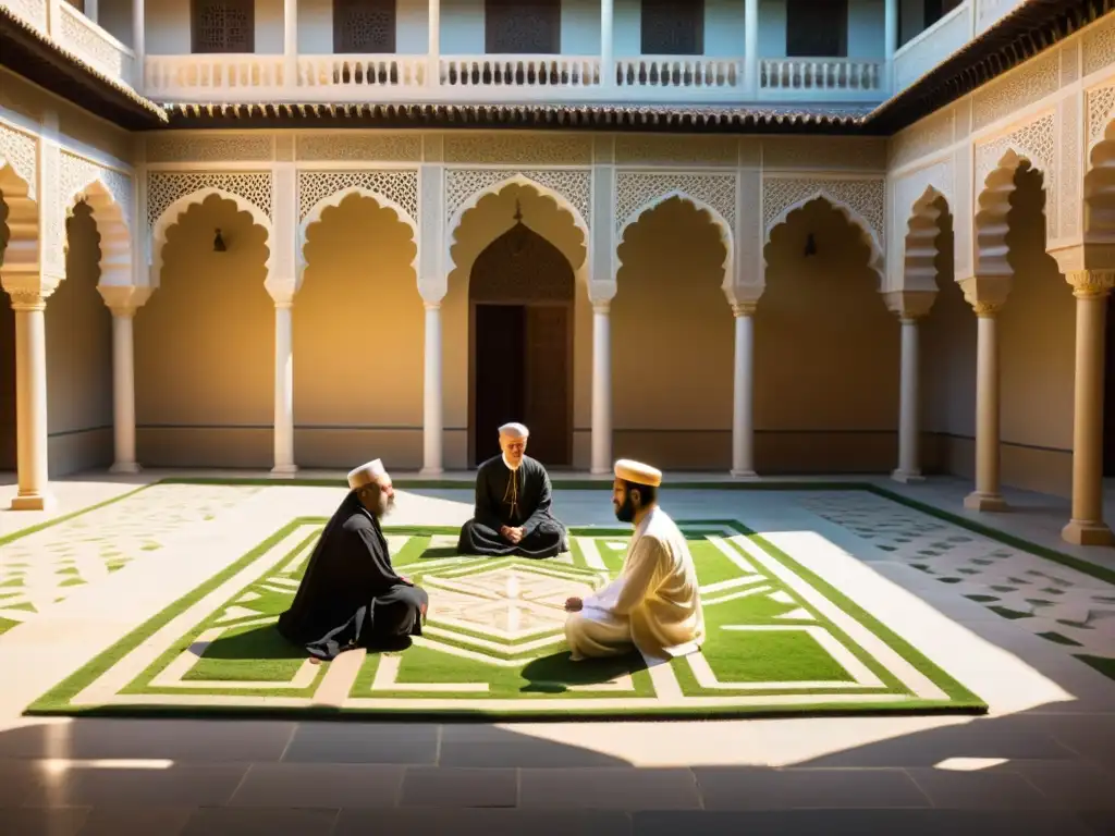 Un patio soleado con patrones geométricos, donde académicos de diferentes tradiciones religiosas debaten respetuosamente