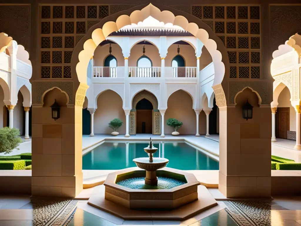 Un patio tradicional del Medio Oriente con arcos elegantes, azulejos intrincados y una fuente tranquila