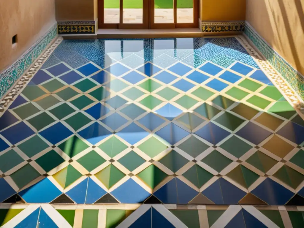 Un patio tradicional del Medio Oriente con un intrincado patrón geométrico islámico en tonos de azul, verde y oro