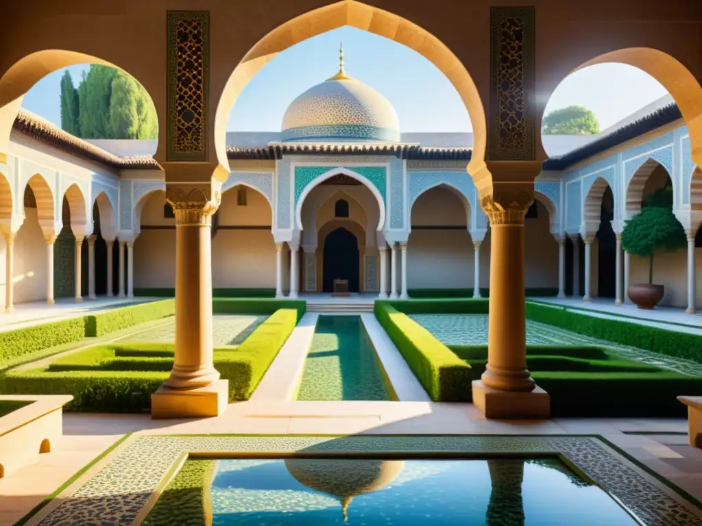 Un patio tranquilo en un antiguo palacio islámico con mosaicos, arcos y versos de literatura islámica clásica recomendada