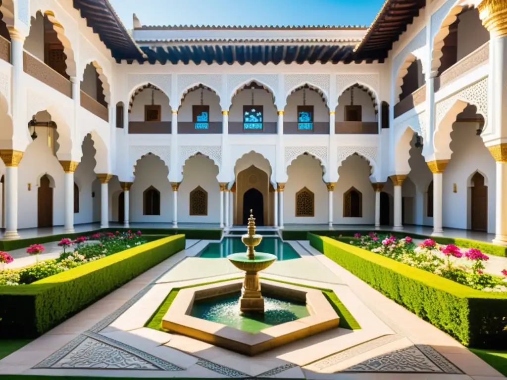 Un patio tranquilo con azulejos geométricos, una fuente y jardines exuberantes, junto a una mezquita majestuosa