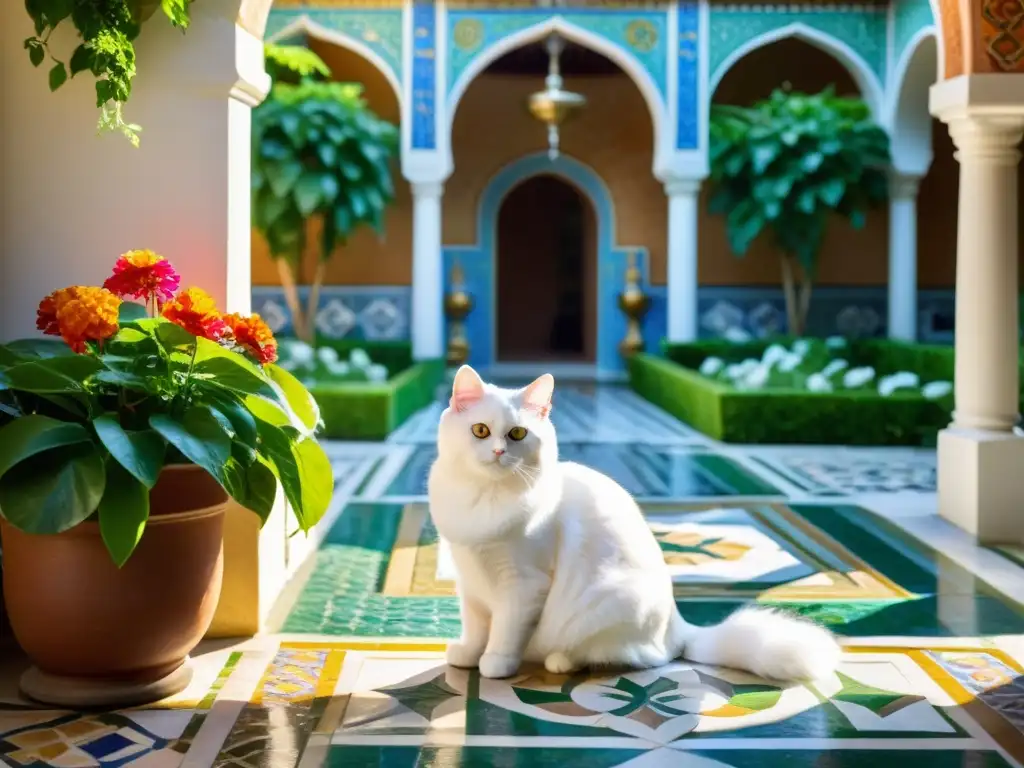 Un patio tranquilo con azulejos intrincados, una fuente serena y un elegante gato persa blanco entre flores vibrantes y plantas exuberantes