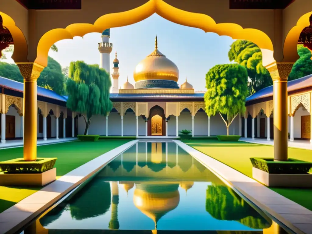 Un patio tranquilo en Asia Central con una mezquita al fondo y vegetación exuberante alrededor de una piscina