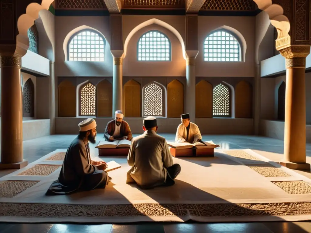 Un patio tranquilo en Asia Central con poetas Sufi rodeados de manuscritos antiguos