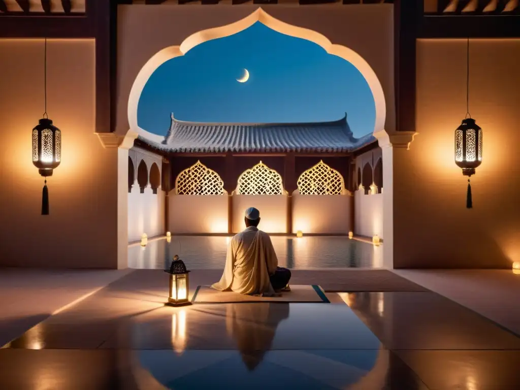 Un patio tranquilo iluminado por la luna, con caligrafía árabe y un poeta islámico inmerso en una búsqueda espiritual