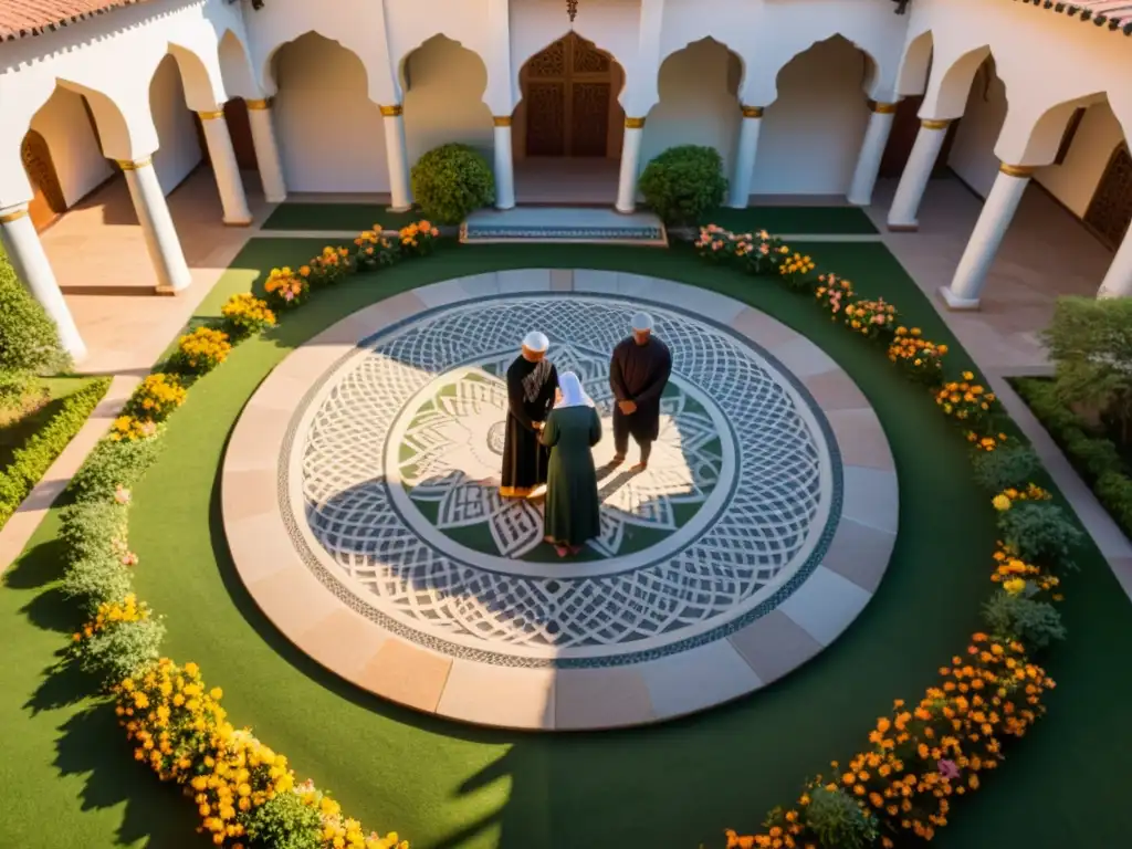 Un patio tranquilo de mezquita al atardecer con diseños geométricos