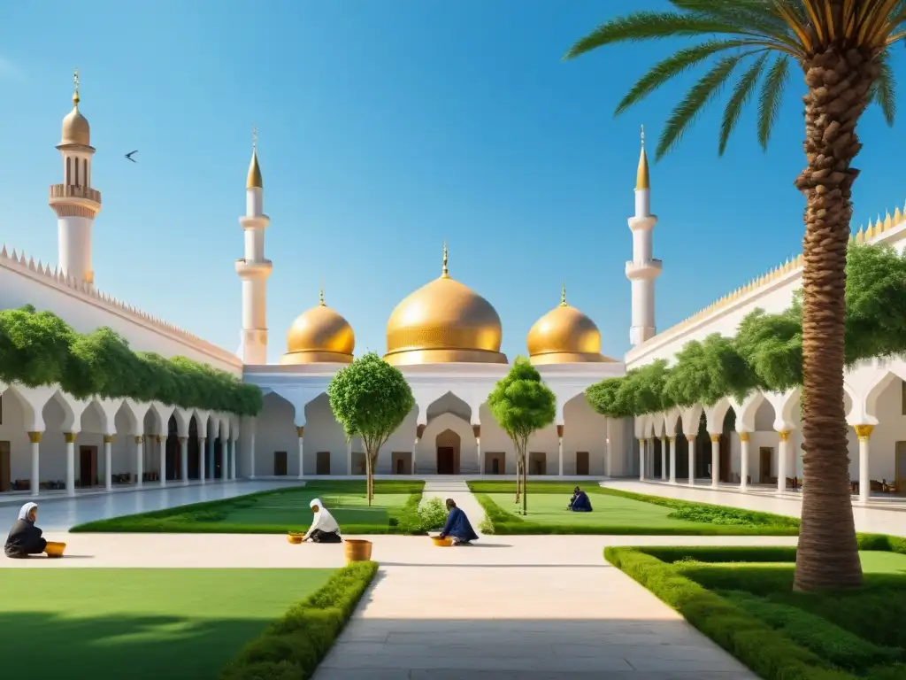 Un patio tranquilo de mezquita con jardines exuberantes y un cielo azul claro