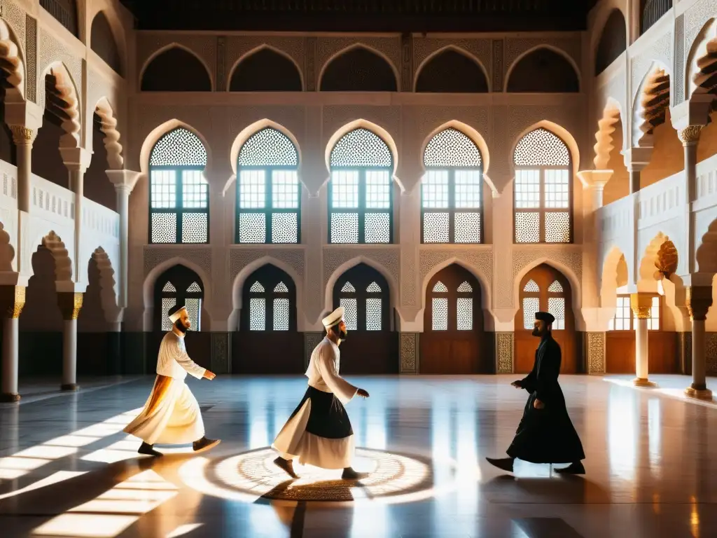 Un patio tranquilo en la Mezquita de los Omeyas con patrones geométricos, luz suave y derviches girando en una danza espiritual