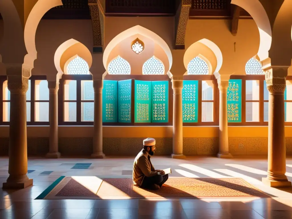 Un patio tranquilo y soleado de una antigua mezquita con patrones geométricos e azulejos vibrantes