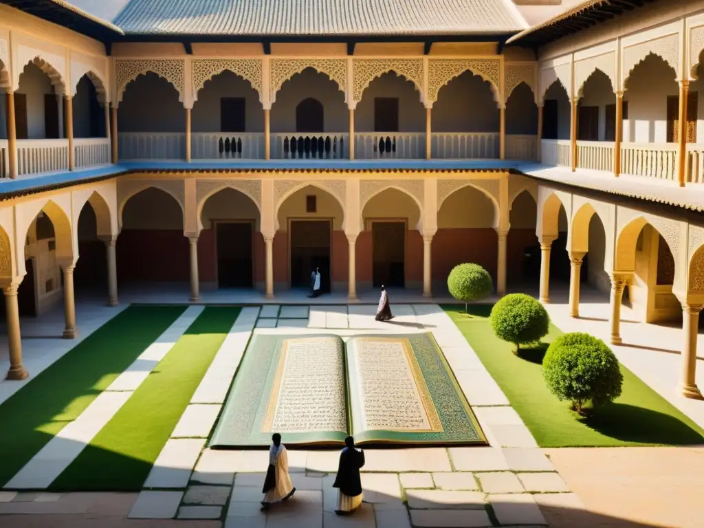 Un patio universitario islámico histórico con estudiantes y herencia intelectual universidades islámicas