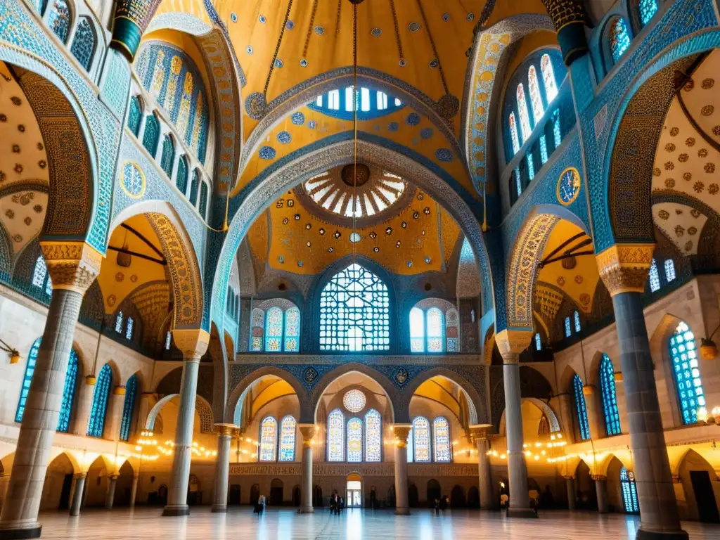 Patrones matemáticos en arquitectura islámica: Intrincados diseños geométricos en la Mezquita Azul de Estambul, con luz cálida y atmósfera cautivadora