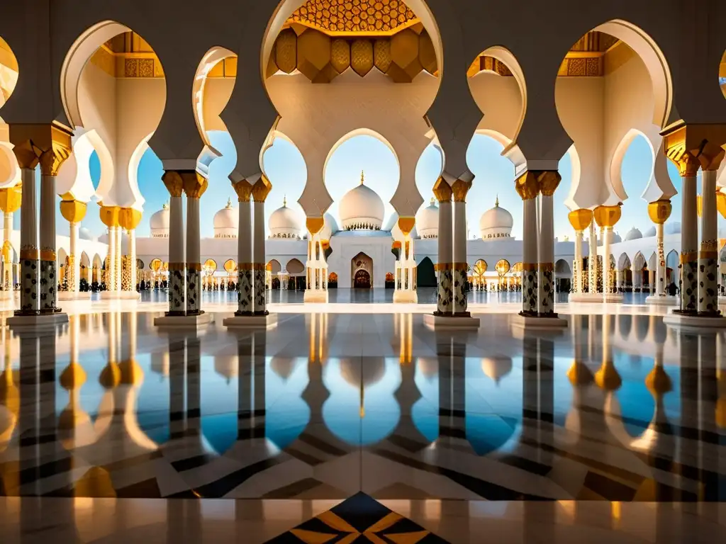 Patrones matemáticos en arquitectura islámica: Intrincados diseños geométricos en mármol iluminados por juego de luces y sombras en la mezquita Sheikh Zayed