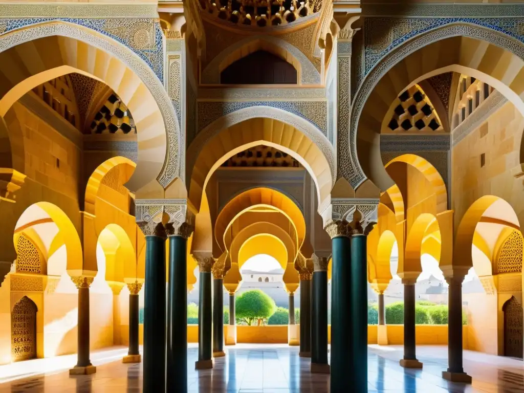 Patrones matemáticos en arquitectura islámica: Intrincados diseños geométricos de la Gran Mezquita de Córdoba, bañados en cálidos tonos dorados