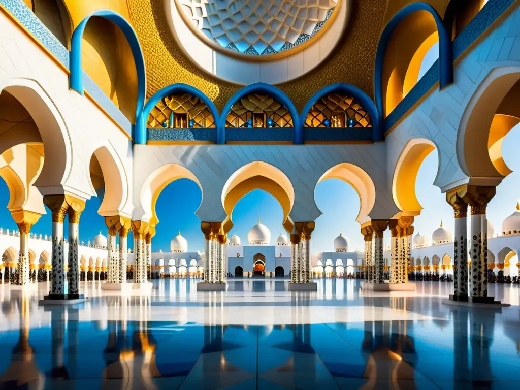 Patrones matemáticos en arquitectura islámica: Intrincados diseños geométricos en la mezquita Sheikh Zayed, con juegos de luz y sombra en tonos azules, dorados y blancos