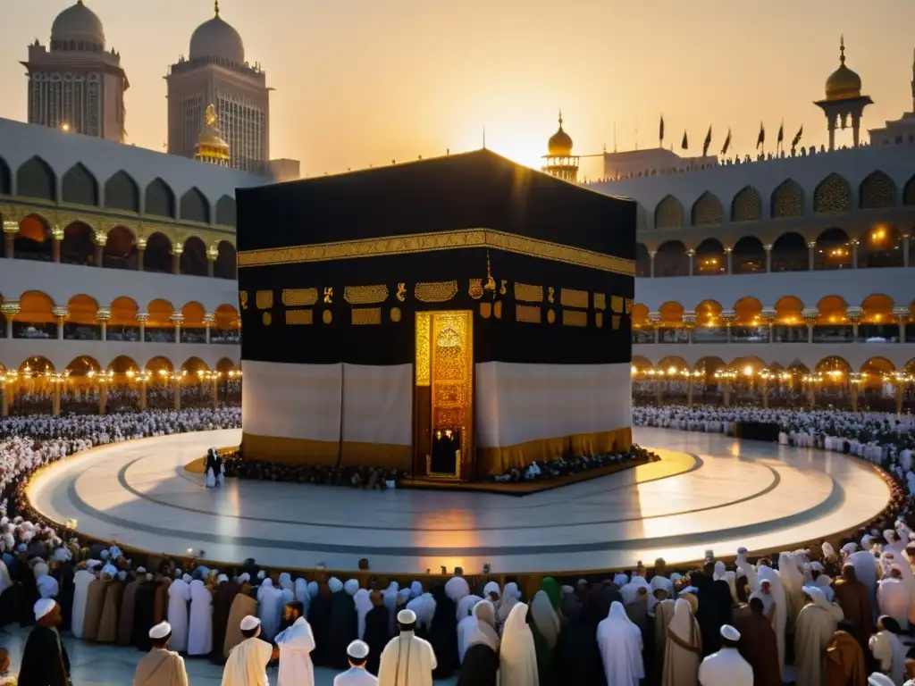 Un peregrino en reverencia ante la Kaaba en Meca, bañado por la cálida luz del atardecer