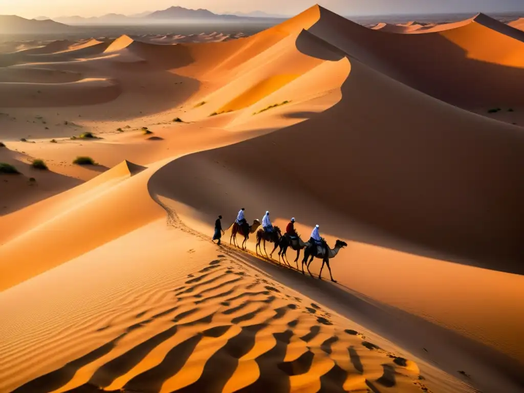 Peregrinos atraviesan el desierto del Sahara al atardecer, destacando sus coloridos trajes