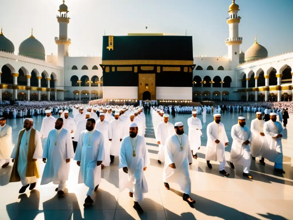 Peregrinos en ihram blanco caminan alrededor de la Kaaba en la Mezquita de La Meca