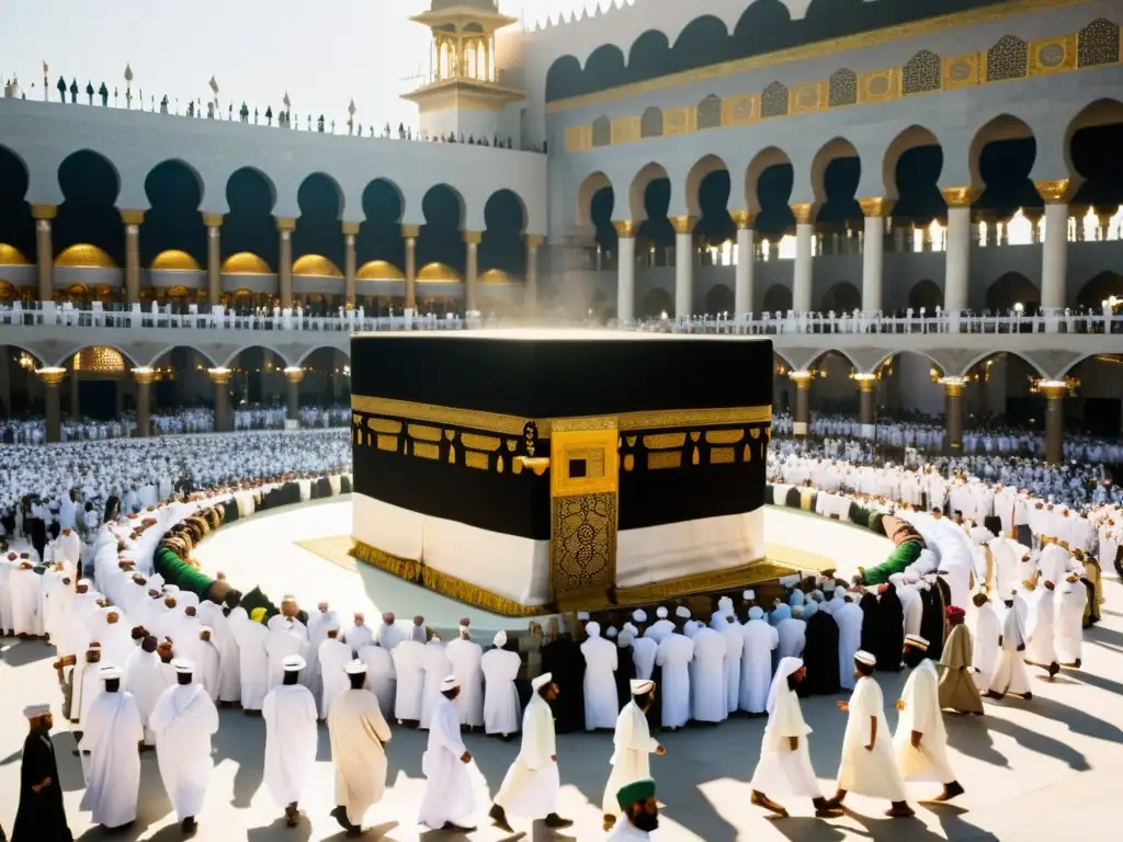 Peregrinos en ihram blanco caminan hacia la Kaaba en Mecca