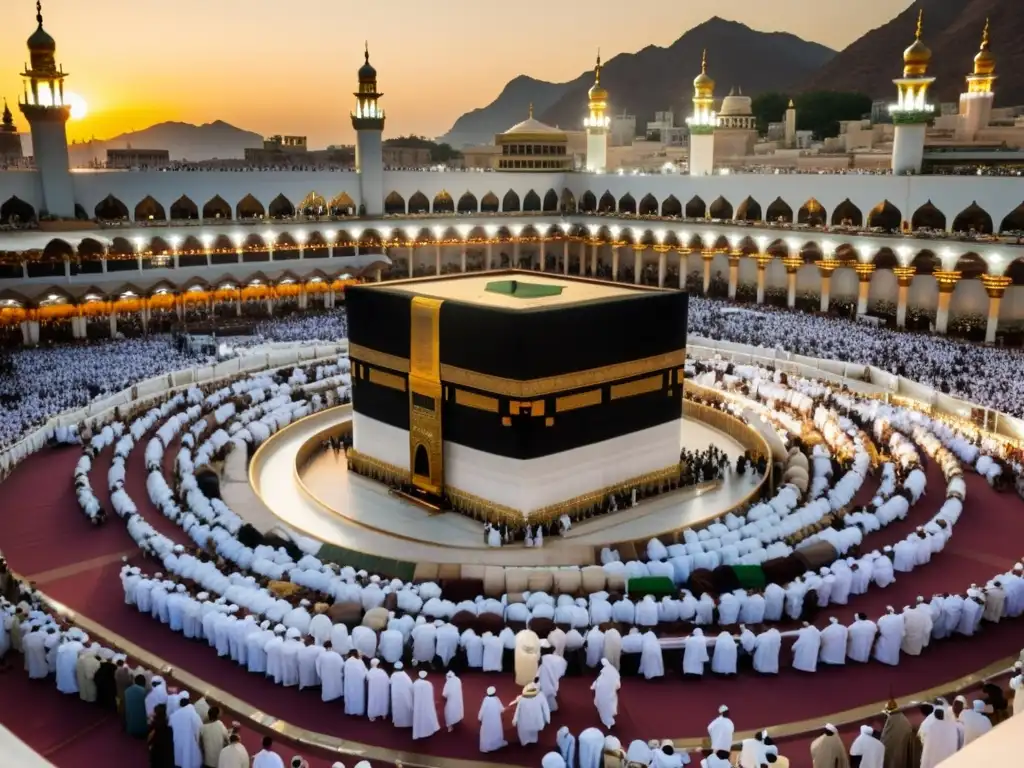 Peregrinos musulmanes realizando tawaf alrededor de la Kaaba en la Gran Mezquita de La Meca al atardecer