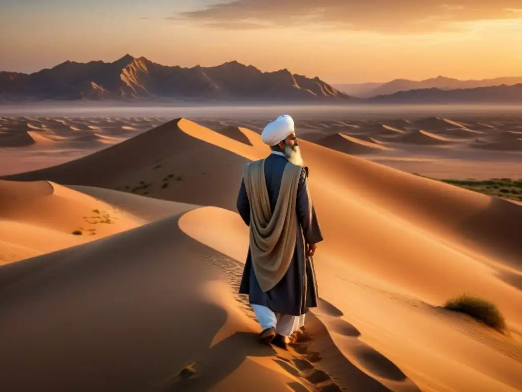 Mulla Sadra, filósofo persa, en profunda contemplación en un vasto desierto al atardecer