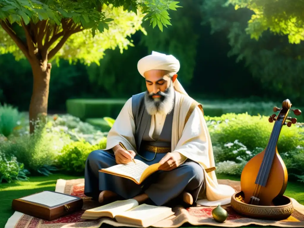 Omar Khayyam componiendo música en un jardín persa, rodeado de instrumentos musicales, en una escena serena y contemplativa