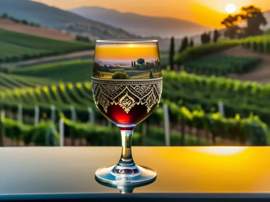 Un cáliz persa de vino con simbología sufí, reflejando un atardecer en viñedos