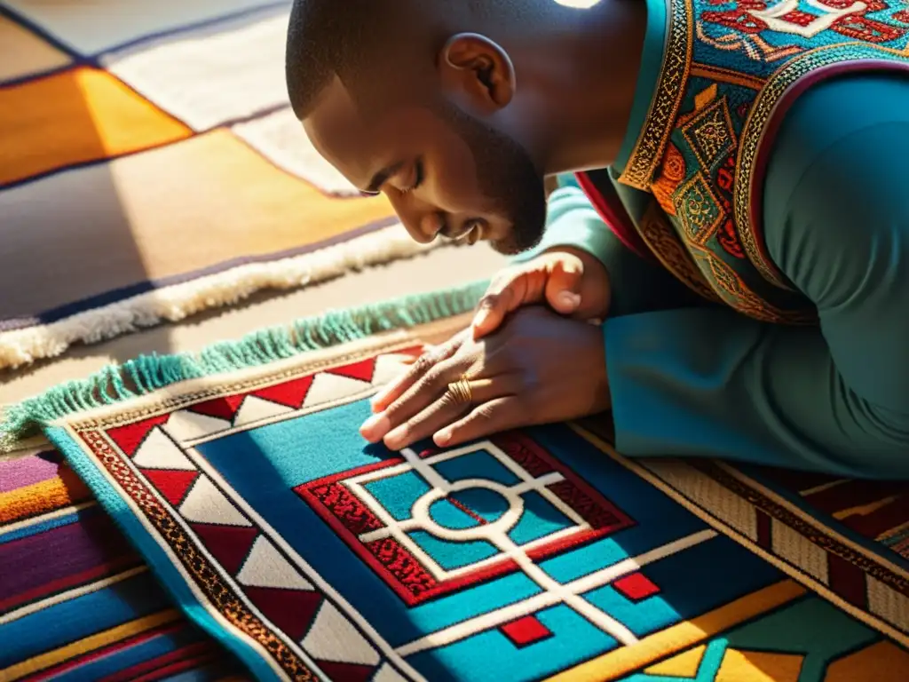 Persona rezando en una alfombra con luz solar y vitrales, representando el impacto de las aplicaciones de oración para musulmanes