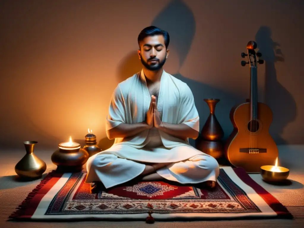 Persona meditando en una alfombra de oración rodeada de instrumentos de música islámica para meditación, iluminada por la luz de las velas