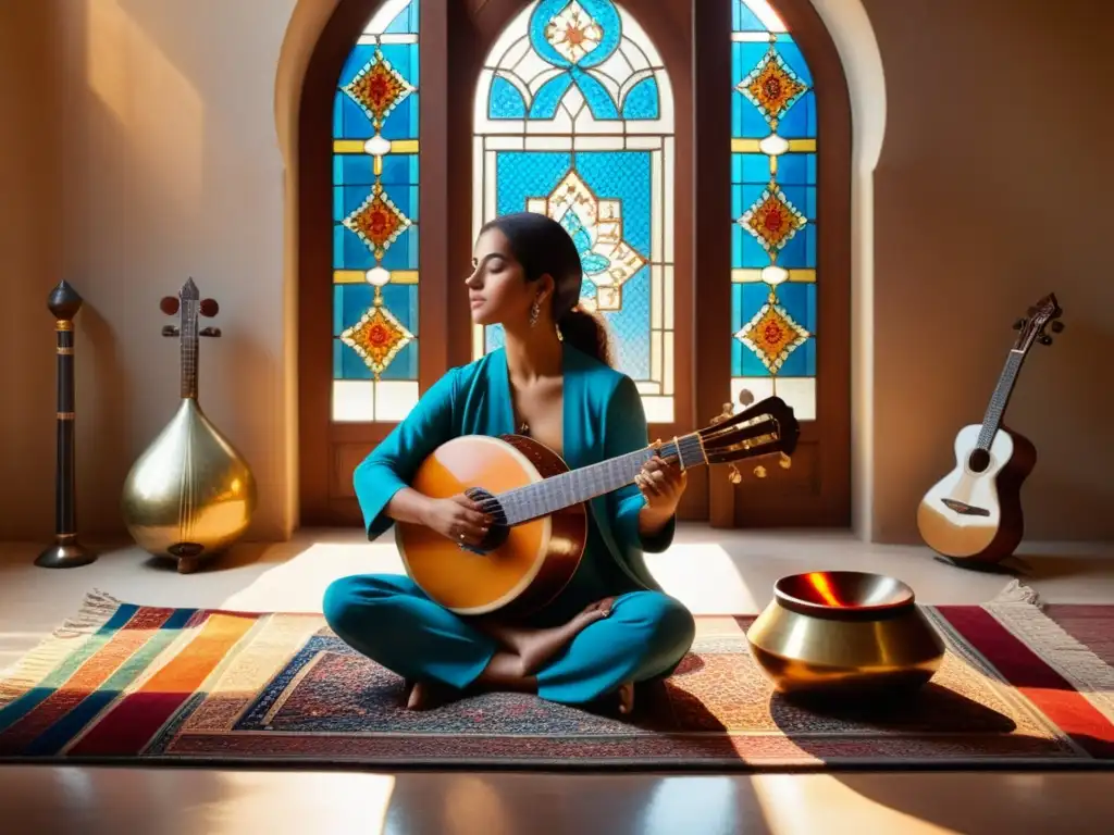 Persona meditando en una alfombra persa rodeada de instrumentos musicales islámicos para meditación, iluminada por luz solar cálida y colorida