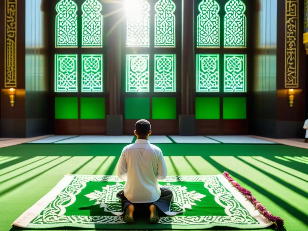 Persona en oración sobre una alfombra verde frente a la Kaaba en Mecca, en una mezquita con luz solar filtrándose por las ventanas