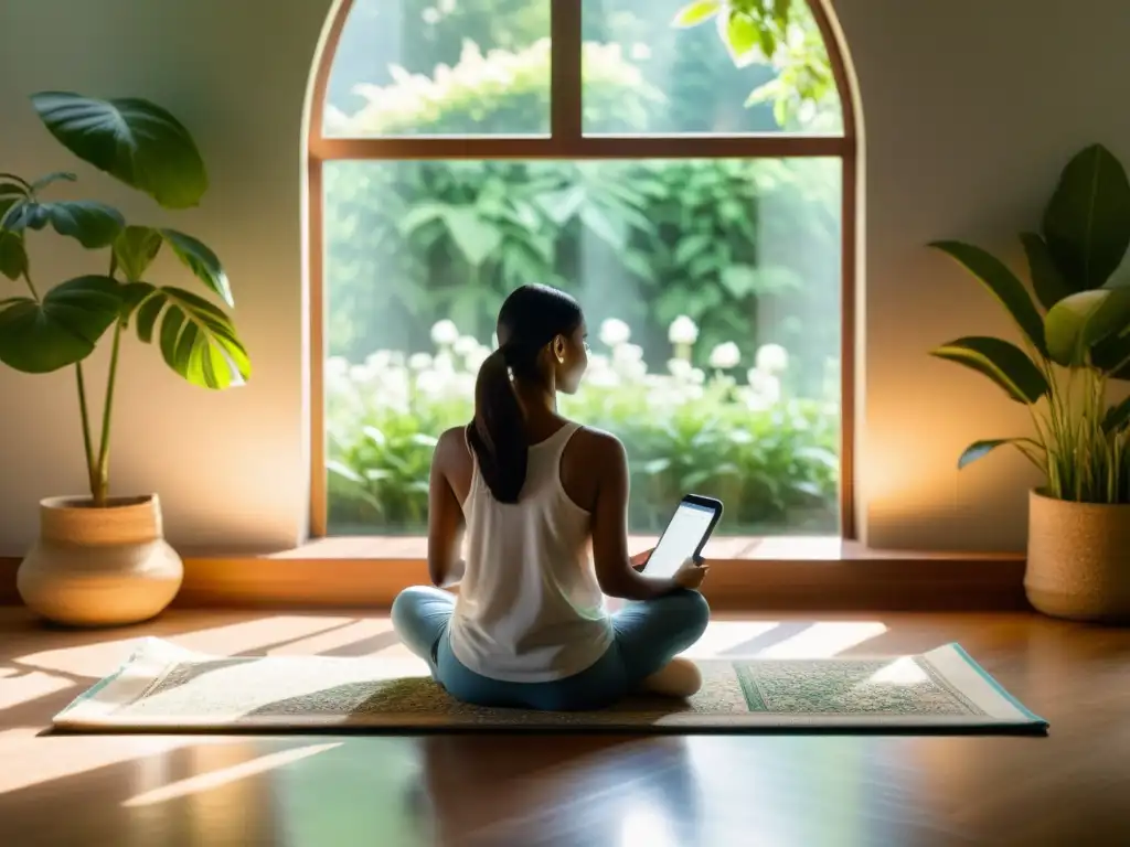 Una persona en meditación, escuchando una app para recitar Corán digitalmente en un cuarto soleado con vista a un jardín exuberante