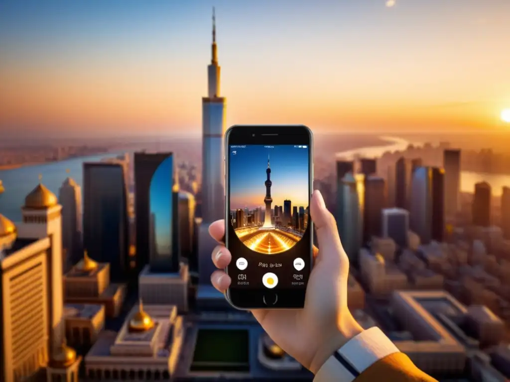 Persona usando app para encontrar Qibla con precisión en mundo urbano al atardecer