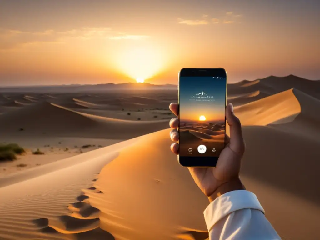 Persona rezando al atardecer en el desierto con la app de oración musulmana