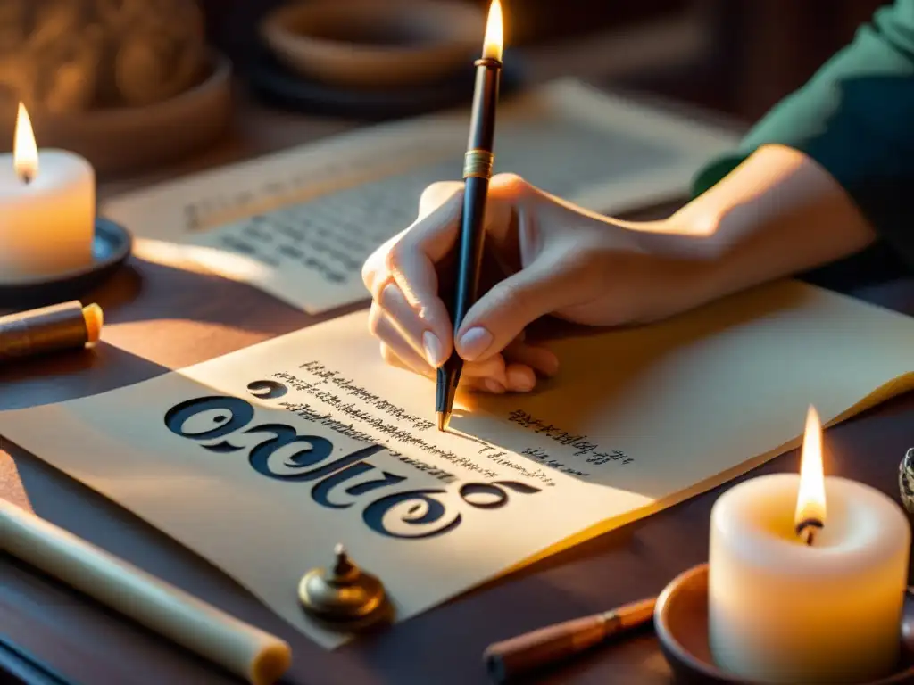 Una persona practica caligrafía con concentración frente a un escritorio iluminado por velas, creando un ambiente de contemplación espiritual