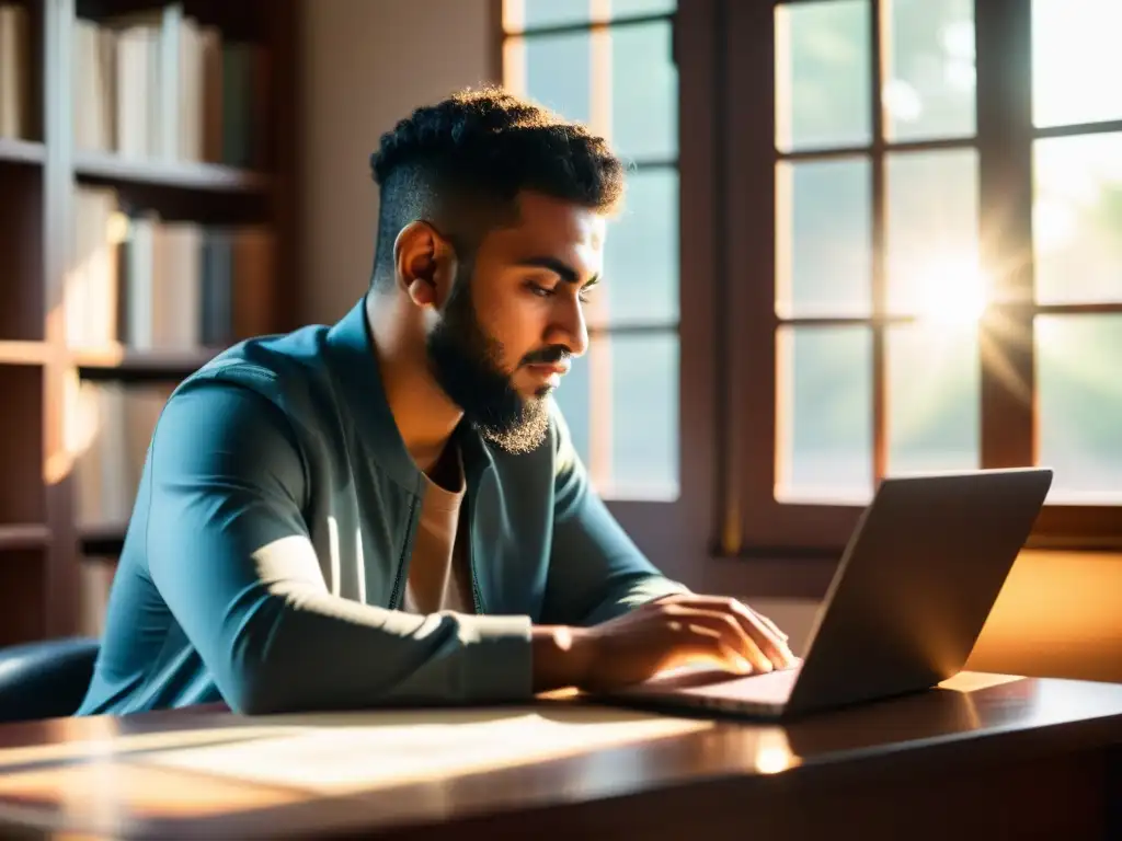 Persona concentrada en estudios islámicos en línea, rodeada de libros y materiales, iluminada por la luz del sol