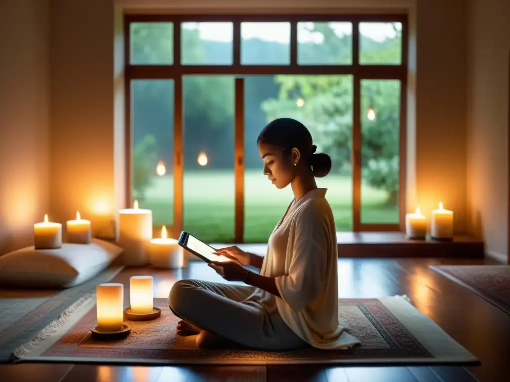 Persona leyendo el Corán en una habitación tranquila iluminada por velas y apps para recitar Corán digitalmente