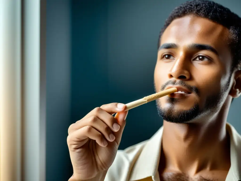 Persona usando Miswak para higiene personal en el Islam en baño iluminado por luz natural