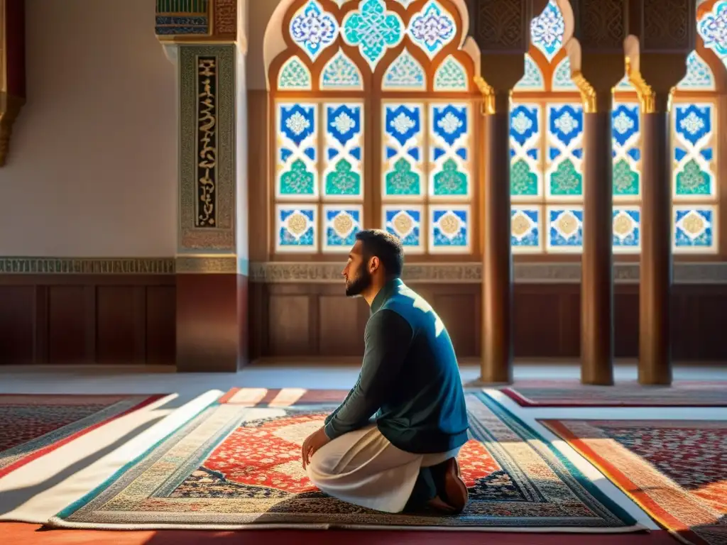 Una persona rezando en una mezquita, con luz suave y patrones coloridos en la alfombra