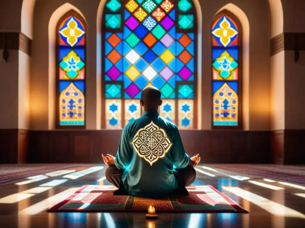 Persona meditando en una mezquita, rodeada de patrones geométricos y caligrafía árabe