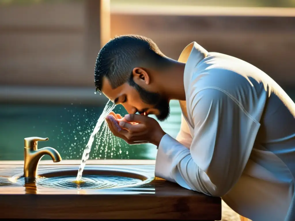 Una persona musulmana realiza el ritual de ablución, 'wudu', como parte de la higiene personal en el Islam, con serenidad y reverencia