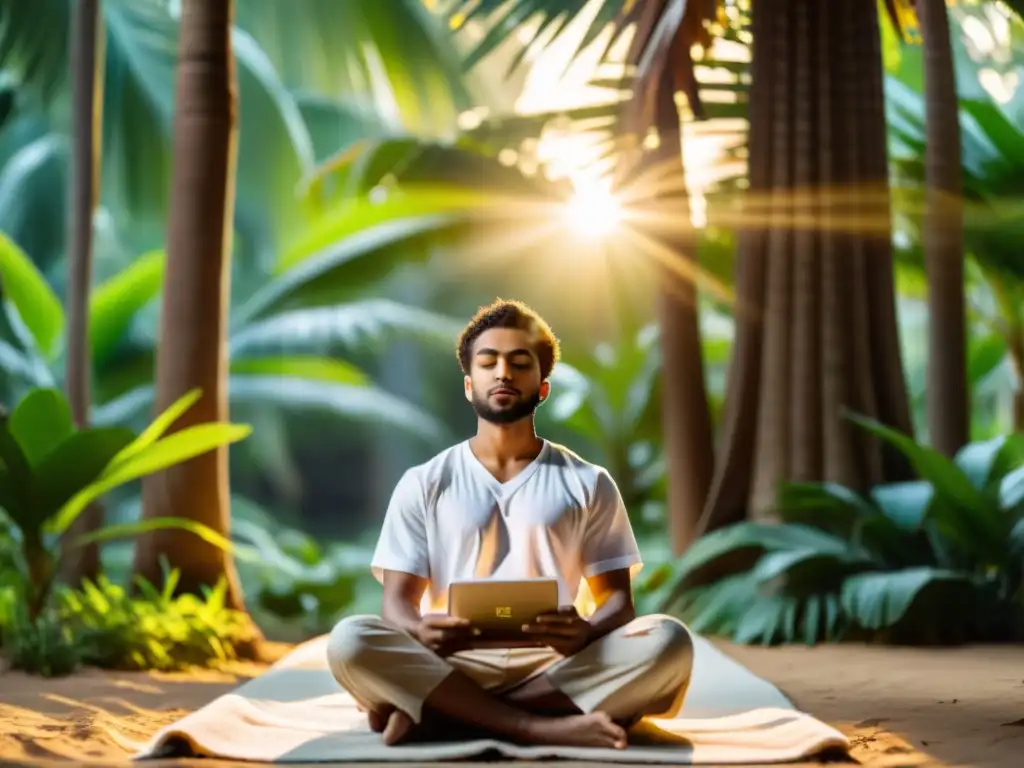 Persona meditando en la naturaleza con la app para recitar Corán digitalmente, transmitiendo paz y espiritualidad