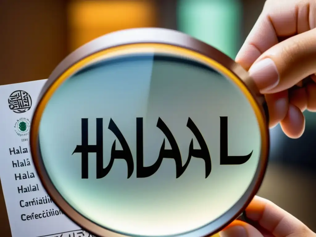 Persona examina detalladamente sello de certificación halal con lupa