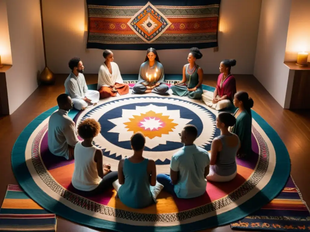 Personas en meditación en un ambiente cálido y místico, reflejando el misticismo islámico en América Latina