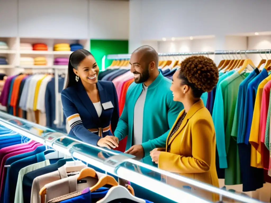 Personas diversas eligen ropa Halal auténtica en una tienda certificada, transmitiendo confianza y diversidad cultural