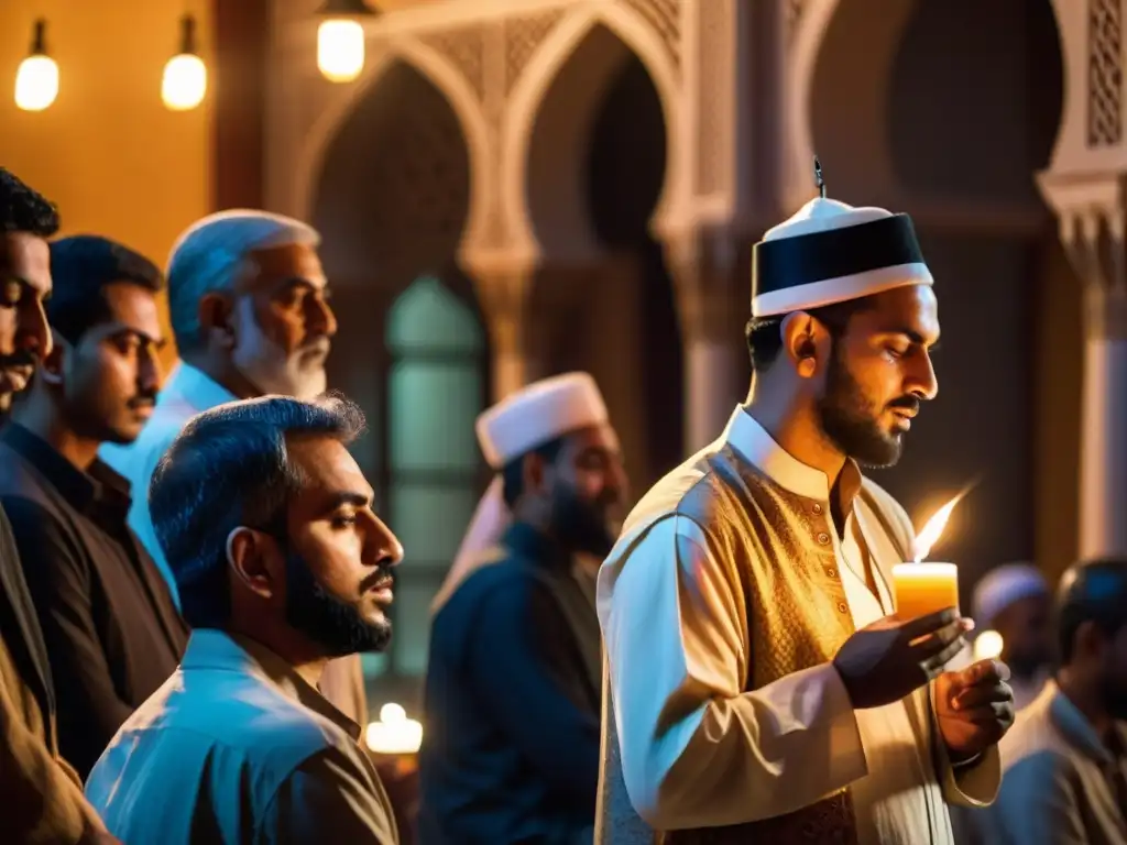 Personas escuchan poesía en una mezquita iluminada por velas, conectando con la influencia de la poesía sufí en la sociedad islámica